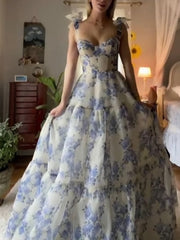 Beautiful Floral Print Chiffon Long Prom Dresses Evening Dress