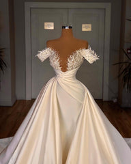 Biztunnel Charming Long A-line Off-the-shoulder Satin Lace Wedding Dresses