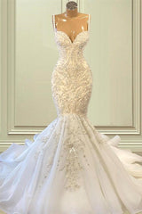 Biztunnel Elegant Long Mermaid Sweetheart Sleeveless Tulle Lace Wedding Dress