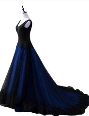 Black and Blue V-neckline Lace Applique Long Formal Dress, Black and Blue Prom Dress
