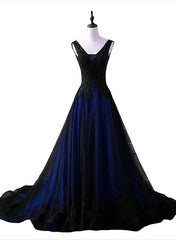 Black and Blue V-neckline Lace Applique Long Formal Dress, Black and Blue Prom Dress