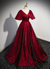 Black and Red V-neckline Long Satin Prom Dress,Chic Long A-line Party Dress