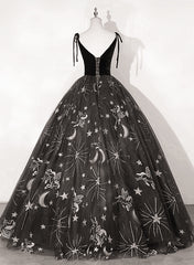Black Ball Gown Floral V-neckline Straps Sweet 16 Dress, Black Tulle Formal Dress