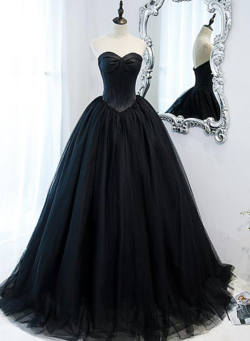 Black Ball Gown Sweetheart Satin and Tulle Formal Gown, Black Party Dresses