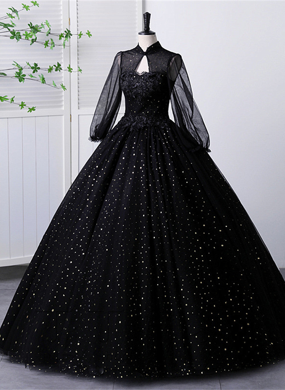 Black High Neckline Long Sleeves Tulle Sweet 16 Dress, Black Ball Gown Formal Dress