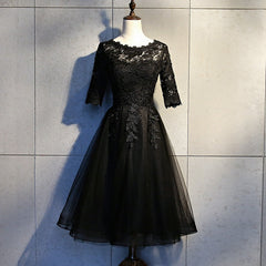 Black Lace and Tulle Short Sleeves Party Dresses Formal Dress, Black Homecoming Dresses