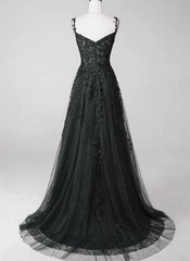 Black Lace Straps Beaded A-line Prom Dress Party Dress, Black Floor Length Formal Dress
