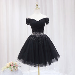 Black Off Shoulder Beaded Tulle Short Prom Dress, Black Homecoming Dress Formal Dress