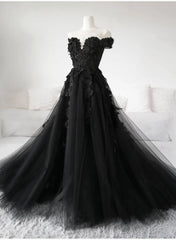 Black Off Shoulder Formal Dress with Lace, Black Tulle Off Shoulder Prom Dress