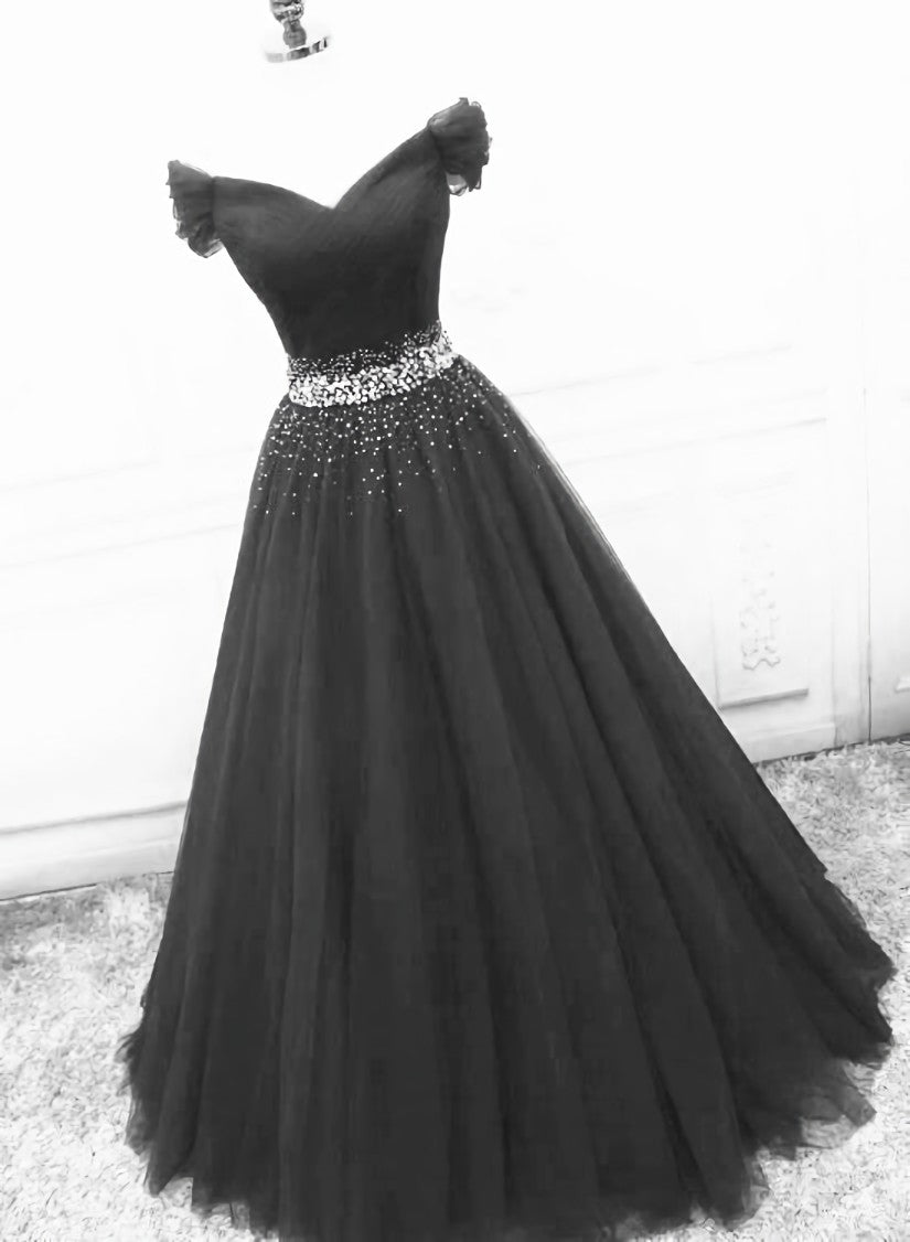 Black Off Shoulder Tulle Lace Beaded A-line Prom Dress, Black Junior Party Dresses
