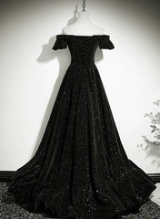 Black Off Shoulder Velvet Long Party Dress Prom Dress, Black Simple Evening Dress
