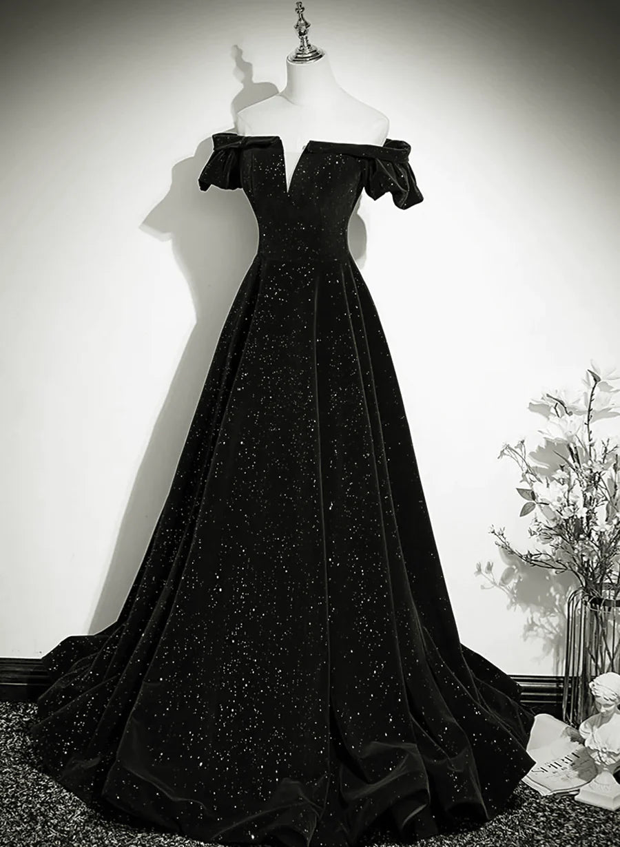 Black Off Shoulder Velvet Long Party Dress Prom Dress, Black Simple Evening Dress