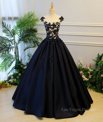 Black round neck satin long prom gown, black evening dress
