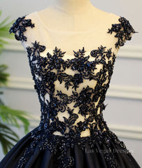 Black round neck satin long prom gown, black evening dress