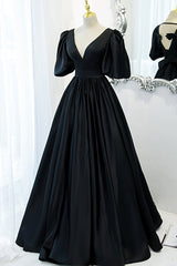 Black Satin Deep V-neckline Long Formal Dress, Black Evening Dress Prom Dress