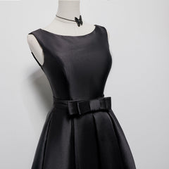 Black Satin Knee Length Round Neckline Party Dress, Black Short Prom Dress