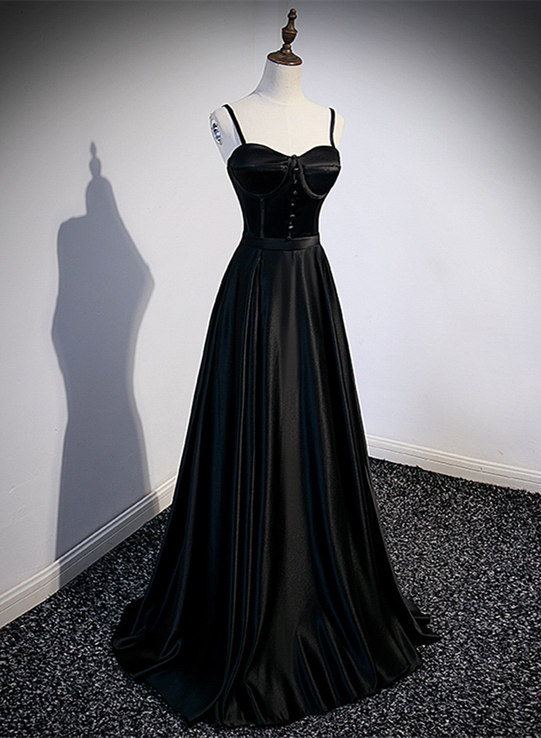 Black Satin Straps Long Party Dress, Black Sweetheart Long Evening Dress Prom Dress