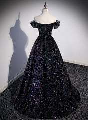 Black Sequins Off Shoulder Beaded Party Dress, A-line Black Formal Dress