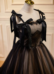 Black Straps Tulle with Lace Long Formal Dress, Black A-line Prom Dress