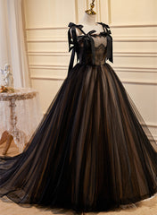 Black Straps Tulle with Lace Long Formal Dress, Black A-line Prom Dress