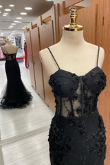 Black Sweetheart Straps Mermaid Appliques Tulle Long Prom Dress