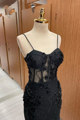 Black Sweetheart Straps Mermaid Appliques Tulle Long Prom Dress