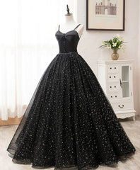 Black Sweetheart Straps Tulle Long Evening Gown, Sleeveless Floor-Length Prom Dresses