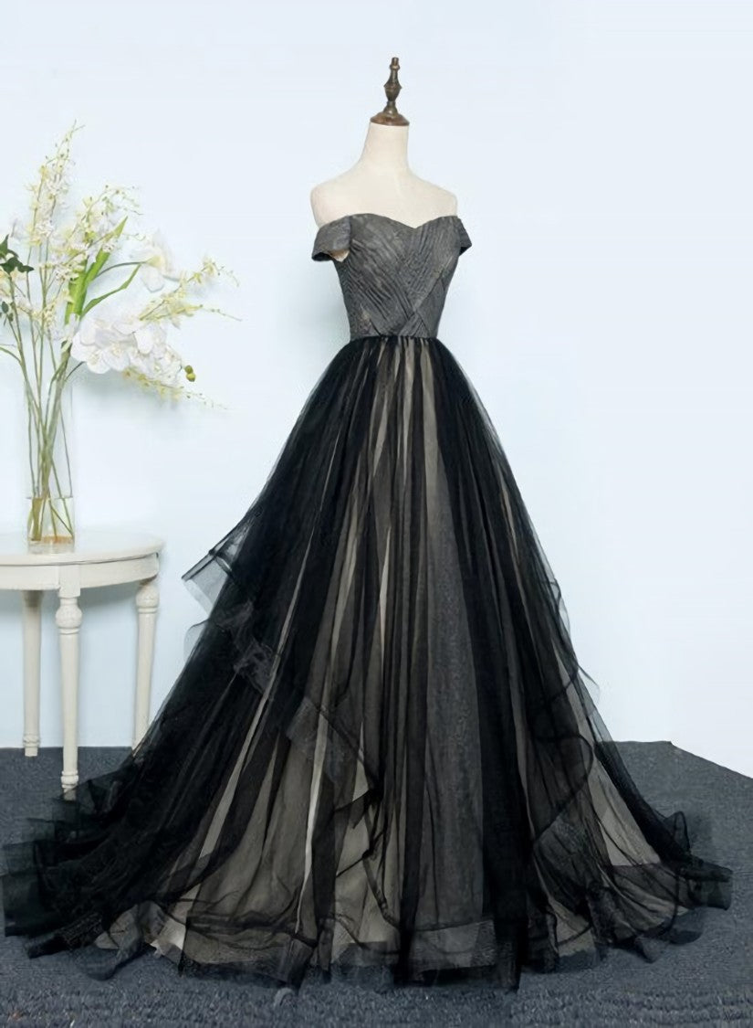 Black Tulle Off Shoulder Floor Length Gown, Black Evening Dresses