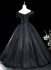 Black Tulle Off Shoulder with Lace Applique Party Dress, Black Tulle Long Sweet 16 Dress