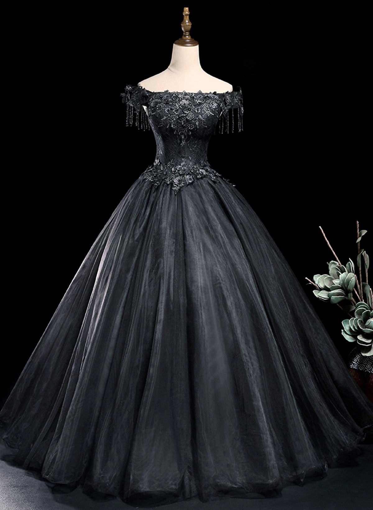 Black Tulle Off Shoulder with Lace Applique Party Dress, Black Tulle Long Sweet 16 Dress