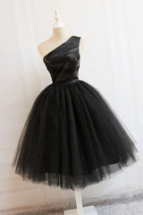 Black Tulle One Shoulder Elegant Tea Length Party Dress, Black Formal Dress