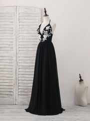 Black V Neck Chiffon Lace Long Prom Dress Black Evening Dress