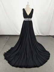 Black V Neck Chiffon Sequin Long Prom Dress, Black Evening Dress