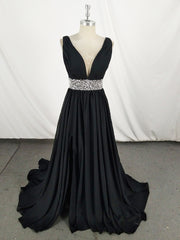 Black V Neck Chiffon Sequin Long Prom Dress, Black Evening Dress