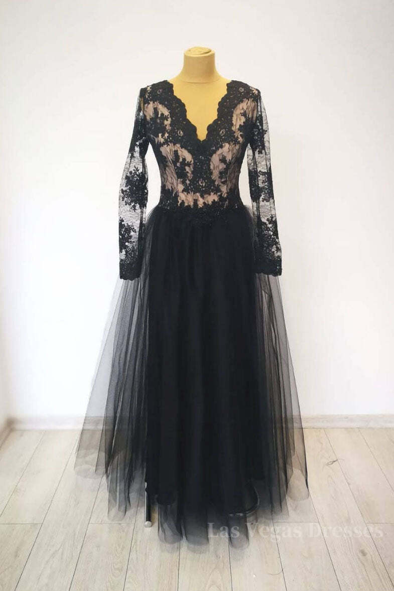 Black v neck lace tulle long evening dress black lace prom dress