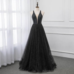 Black V-neckline Tulle and Satin Long Straps Cross Back Prom Dress, Floor Length Evening Dress