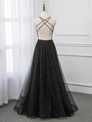 Black V-neckline Tulle and Satin Long Straps Cross Back Prom Dress, Floor Length Evening Dress