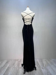 Black Velvet A-line Straps Wedding Party Dress, Black Long Evening Dress Prom Dress