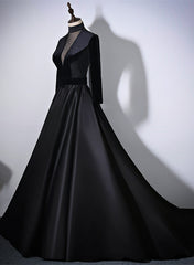 Black Velvet and Satin Long Sleeves See Through Back Formal Dress, Black Evening Dress