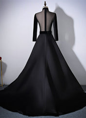 Black Velvet and Satin Long Sleeves See Through Back Formal Dress, Black Evening Dress