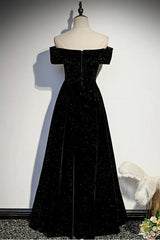 Black Velvet Off Shoulder Long Party Dress, Black Simple Prom Dress