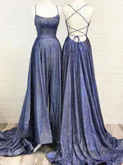 Bling Bling Backless Long Prom Dresses, Open Back Blue Long Formal Evening Dresses