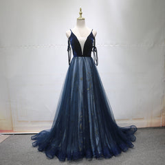 Blue A-line Straps Tulle Long Evening Dress Party Dress, Blue Bridesmaid Dress