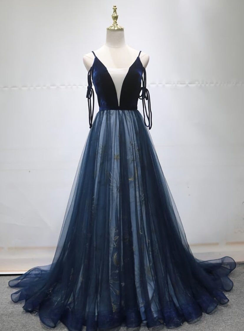 Blue A-line Straps Tulle Long Evening Dress Party Dress, Blue Bridesmaid Dress
