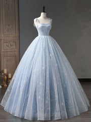 Blue A-Line Tulle Long Prom Dress, Blue Formal Sweet 16 Dress