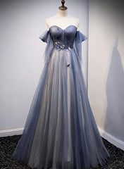 Blue and Grey Tulle Long Sweetheart  Party Dress, Tulle A-line Formal Dress