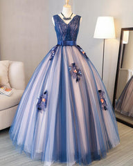 Blue and Pink Flower Lace Applique V-neckline Sweet 16 Gown, Floor Length Formal Dresses
