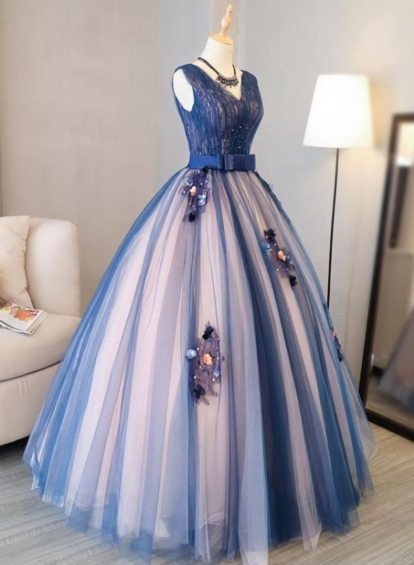 Blue and Pink Flower Lace Applique V-neckline Sweet 16 Gown, Floor Length Formal Dresses