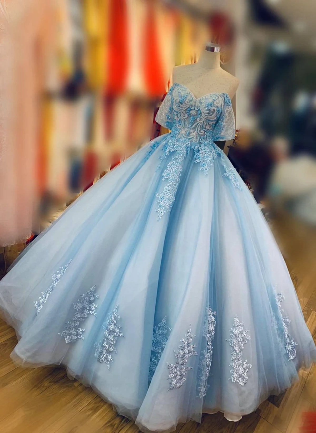 Blue Ball Gown Beaded and Lace Long Sweet 16 Dress, Blue Tulle Formal Dress