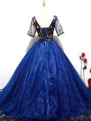 Blue Ball Gown Tulle with Lace Short Sleeves Party Dress, Blue Sweet 16 Dress